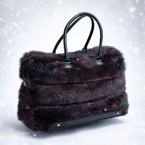 Suzanne Somers Faux Fur Winter Handbag Plaid Burgundy Black